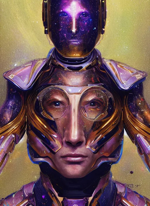 Image similar to masterpiece portrait of a cosmic man wearin glowwave armor, au naturel, hyper detailed, digital art, trending in artstation, cinematic lighting, studio quality, smooth render, unreal engine 5 rendered, octane rendered, art style by klimt and nixeu and ian sprigger and wlop and krenz cushart