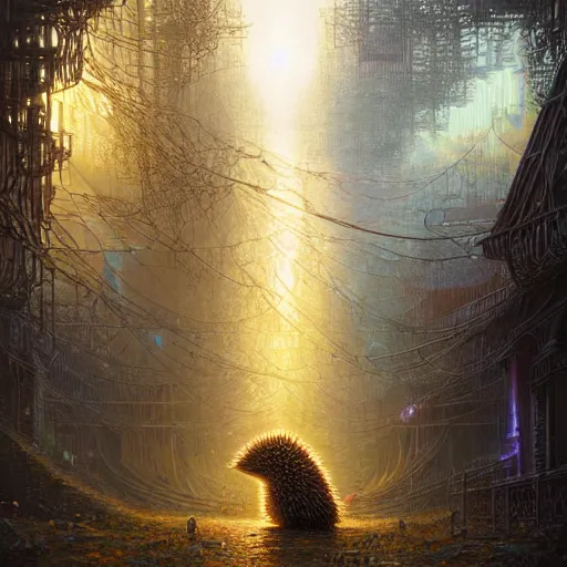 Prompt: hedgehog opalescent walkway quantum digital art matte painting hyper realism sharp focus intricate details by tomasz alen kopera, victo ngai, greg rutkowski, tim white, beksinski, artgerm, paul lehr, andreas rocha