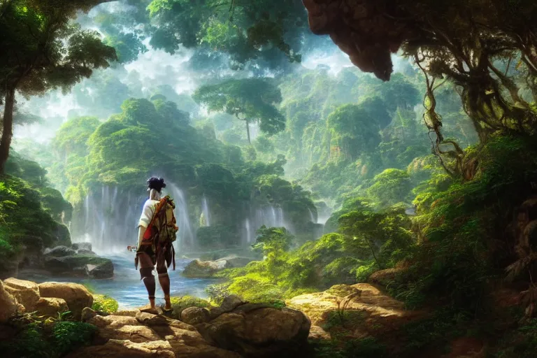 Prompt: a detailed of the greatest explorer emerging from the jungle as a shonen anime protagonist, 1 8 th century south america, octane render, 8 k, volumetric lighting, in the style of disney, art by albert bierstadt and thomas moran