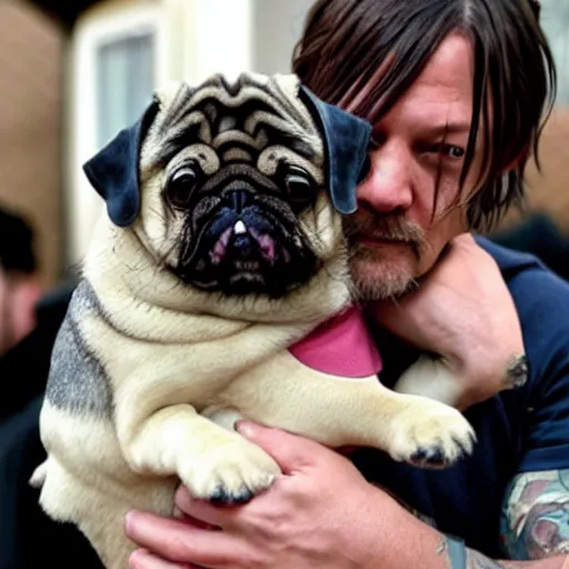 Image similar to Norman Reedus holding an obese pug, photo