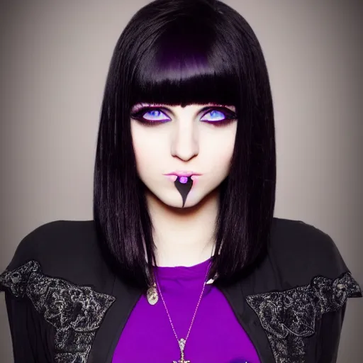 Prompt: Pale-skinned Persian girl, black hime cut hair, long bob cut hair, purple eyes, gothic jacket, mysterious girl, psychic girl, photograph