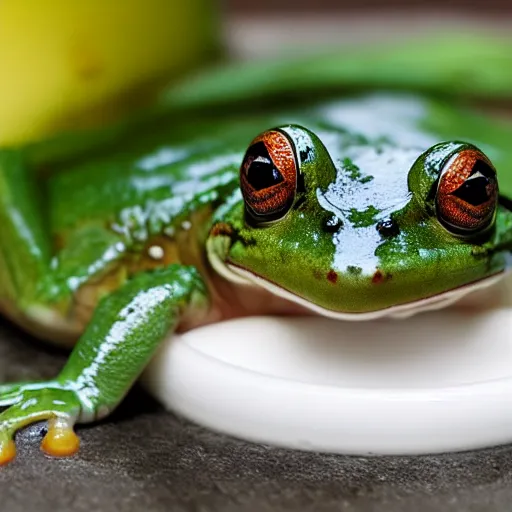 Image similar to a frog emerging from under bath of yogurt and milk