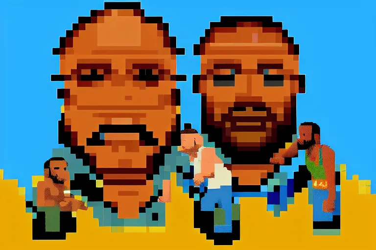 Image similar to pixel art of dwayne johnson and kevin hart, 8 bit, hd