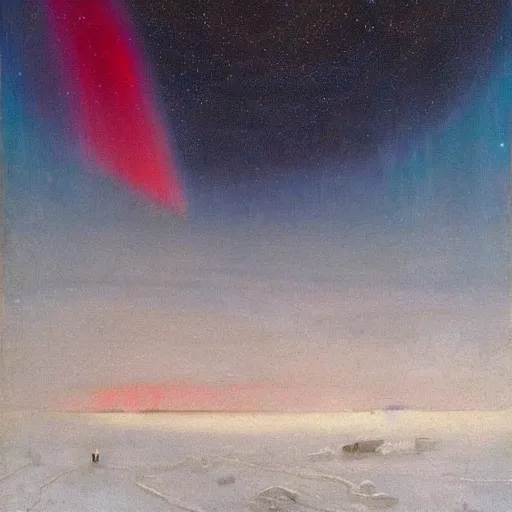 Prompt: the epic abstract painting'blue arctic void with black and red aurora borealis above a tiny inuit village ', by caspar david friedrich!!!, by rothko!!!, stunning masterpiece, trending on artstation