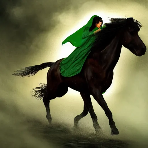 Prompt: a detailed picture of beautiful woman with black hair, wearing a green cloak, running away in a thunderstorm riding a horse at night, 4k