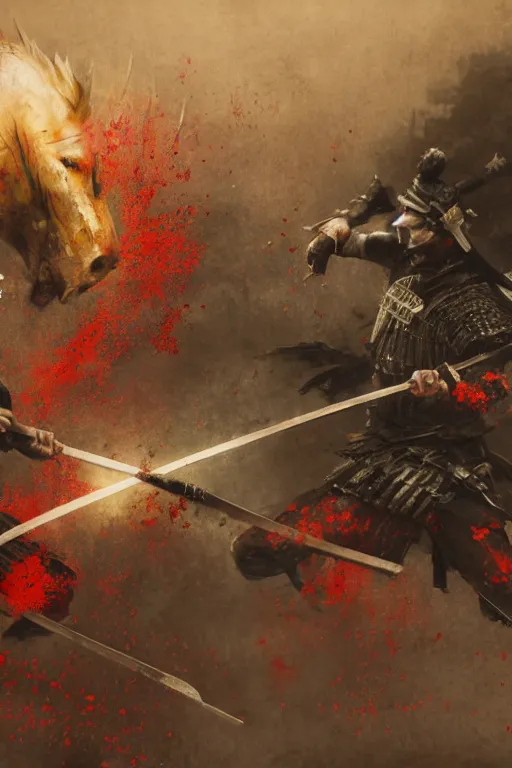 Image similar to a close up shit of the bloodiest samurai battle in history. Two samurai dueling, many dead with Sashimono. Greg rutkowski legendary matte painting.. 4k, particles light,