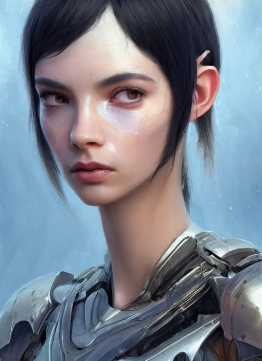 Image similar to a professional painting of a beautiful young female alien, clothed in ethereal armor, olive skin, long dark hair, beautiful bone structure, symmetrical facial features, intricate, elegant, digital painting, concept art, smooth, sharp focus, illustration, from Valerian and the City of a Thousand Planets, by Ruan Jia and Mandy Jurgens and Artgerm and William-Adolphe Bouguerea