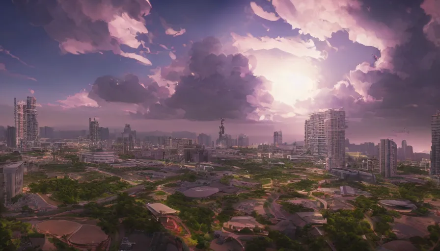 Prompt: bonifacio global city skyscape, serene evening atmosphere, soft lens, soft light, in the style of cgsociety, deviantart, artstation, zbrush, cinema 4 d, studio ghibli, akihiko yoshida, atelier lulua, masamune shirow