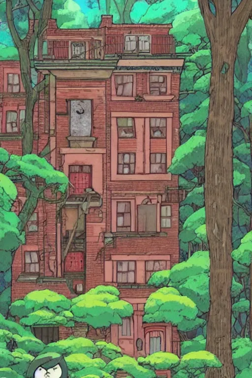 Prompt: (((((a ramshackle manhattan brick brownstone deep in the forest))))) by Studio Ghibli!!!!!!!!!!!!!!!!!!!!!!!!!!!