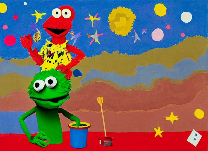 Image similar to pixel decollage painting skullhead trash can toter as tarot card fool with sesame street elmo and kermit muppet on a horse knight in a dark red cloudy night sky background and golden foil jewish stars , mountain lake and blossoming field in background, painted by Mark Rothko, Helen Frankenthaler, Danny Fox and Hilma af Klint, pixelated, neo expressionism, semi naive, pastel colors, cinematic, color field painting, cave painting, voxel, pop art look, outsider art, minimalistic. Bill Traylor painting, part by Philip Guston and Francis Bacon. art by Adrian Ghenie, very coherent symmetrical artwork, cinematic, hyper realism, high detail, octane render, unreal engine, Smooth gradients, depth of field, full body character drawing, extremely detailed, 8k, extreme detail, intricate detail, masterpiece