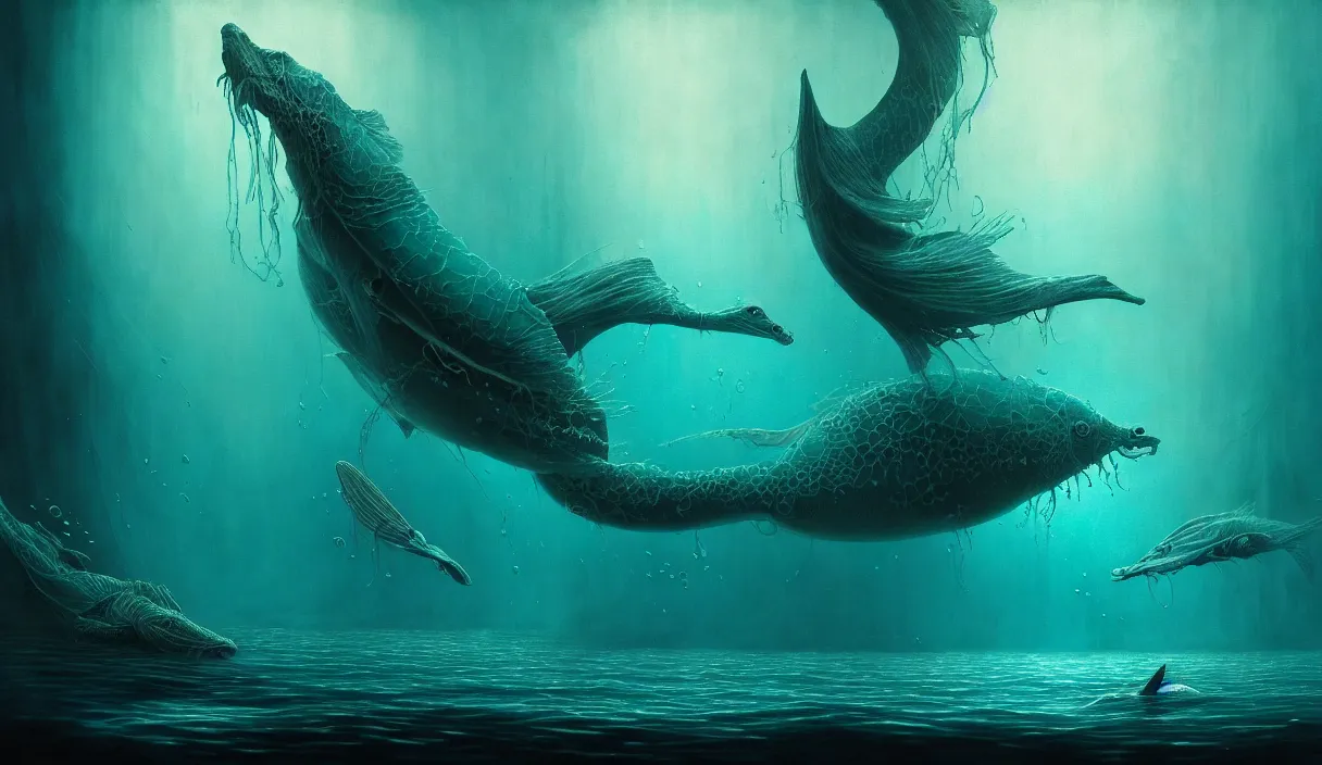 Prompt: epic professional digital art of aquatic life, ambient teal light, painted, mysterious, closeup cinematic aquatic scene, eerie, mythic, detailed, intricate, grand, leesha hannigan, wayne haag, reyna rochin, ignacio fernandez rios, mark ryden, van herpen, artstation, cgsociety, epic, stunning, gorgeous, wow wow detail