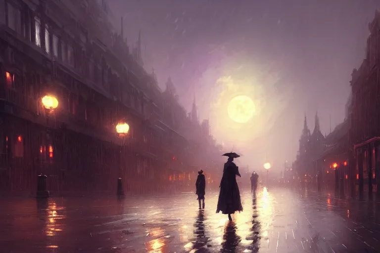 Prompt: a shadow in the sky above a victorian city, scene in a rainy night. full moon, 1 8 9 0, key visual, conceptart, ambient lighting, highly detailed, digital painting, artstation, concept art, sharp focus, by makoto shinkai and akihiko yoshida and greg manchess