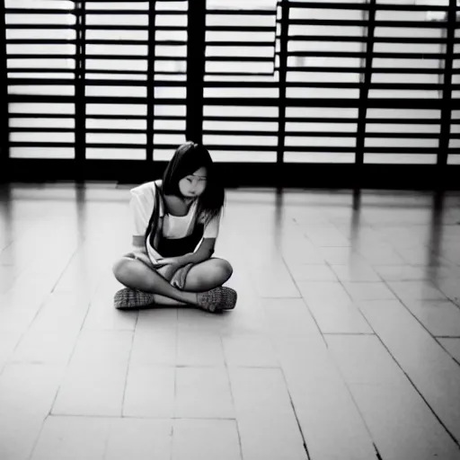 Prompt: sad asian girl alone in an empty room, black and white, award winning, 8k