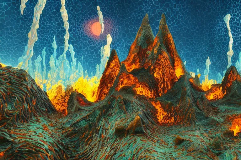 Prompt: highly detailed volcanoes architecture by antoni gaudi, reflective lighting, holographic, stylized vegetation, ground - level view, puddles of turquoise water, stunning sunny lighting, sunrise, by vincent van gogh and john berkey, 8 k, matte painting, ray tracing, unreal engine 5, octane render, cyberpunk, vibrant