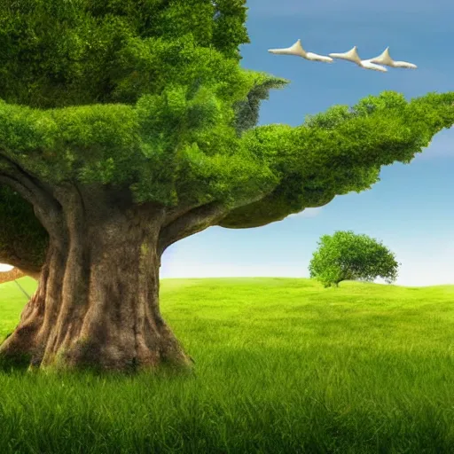 Image similar to three white whales flying near giant tree in the green field, realistic, HD,