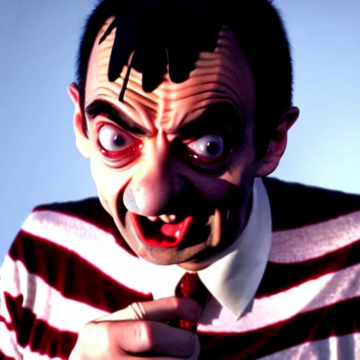 Image similar to mr. bean as freddie krueger. movie still. cinematic lighting.