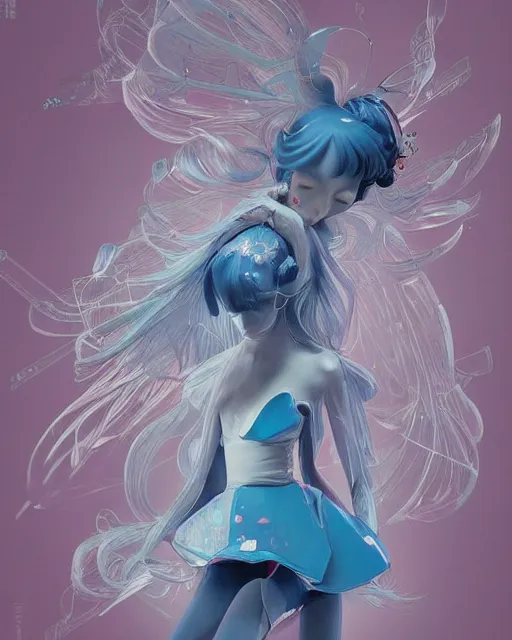 Image similar to james jean isolated vinyl figure harajuku girl character design, figure photography, dynamic pose, holographic undertones, glitter accents on figure, anime stylized, accurate fictional proportions, high delicate defined details, ethereal lighting