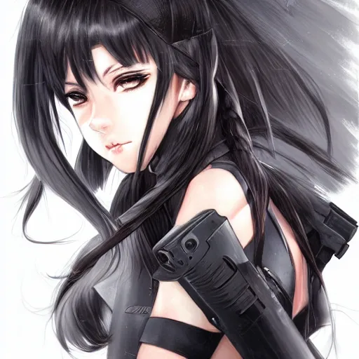 Prompt: upper body portrait of a beautiful girl with long black hair, wearing black riot gear, holding AR-15, drawn by WLOP, by Avetetsuya Studios, attractive character, colored sketch anime manga panel, trending on Artstation