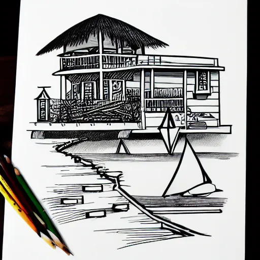 Image similar to imaginative drawing of a beach house, black ink outline, cel - shading