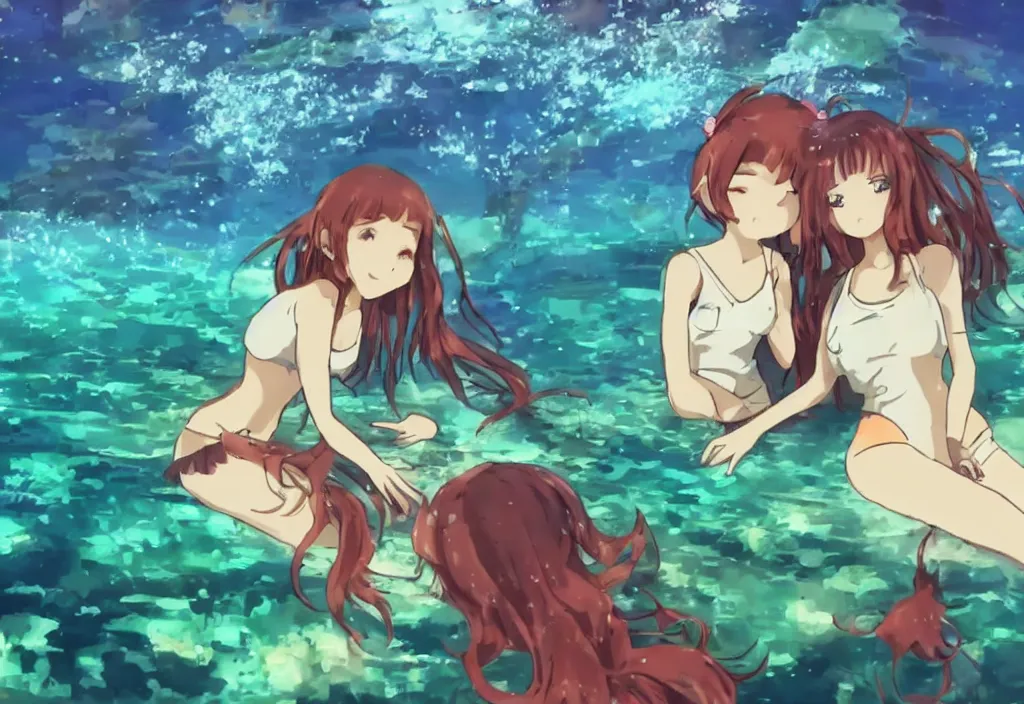 Prompt: youtube lofi anime girl looking out of window underwater with mermaids