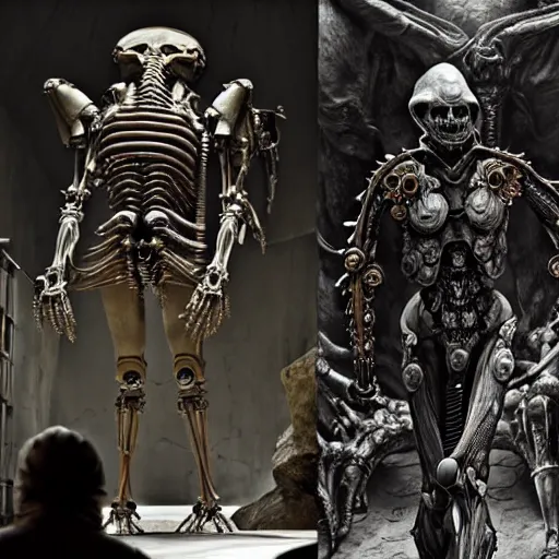 Prompt: still frame from Prometheus movie by giger, necron lord editorial by Malczewski, biomechanical armoured knight by Wayne Barlowe, ornate elaborate complex artifact of death