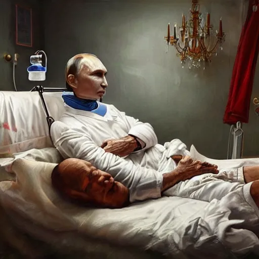 Image similar to hyperrealistic painting of very ill Vladimir Putin as a patient wearing an oxygen mask on a death bed inhaling from Copium tank that stand near his bed, dimly lit cozy tavern, leather tunic, confident relaxed pose, d&d, stunning 3d render inspired art by Tim Okamura and Lise Deharme + perfect facial symmetry + dim volumetric lighting, 8k octane beautifully detailed render, post-processing, extremely hyperdetailed, intricate, epic composition, grim yet sparkling atmosphere, cinematic lighting + masterpiece, trending on artstation, very very detailed, masterpiece, stunning