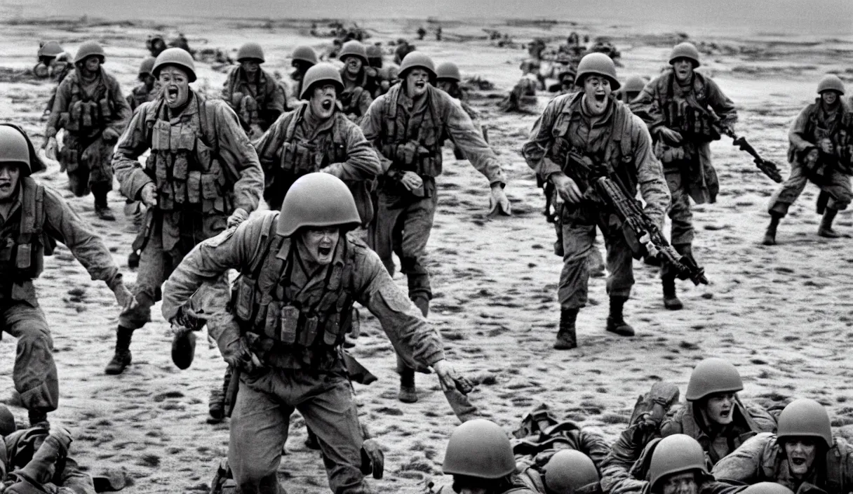 Image similar to Hollywood image of Matthew Lillard as shaggy from scooby doo, storming the beaches of Normandy, with soldiers by his side, saving private Ryan, 70mm film, HD, high detail, photorealistic, epic shot, Hollywood cinematic, Christopher Nolan