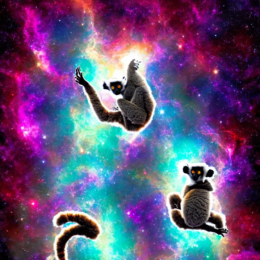 Prompt: a lemur doing an inspiring yoga pose in cosmic space with nebula and stars, detailed and breathtaking digital art, award winning, kodachrome