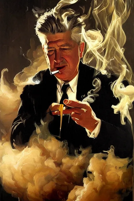 Image similar to david lynch smoking cigarette, billowing smoke, painting by jc leyendecker!! phil hale!, angular, brush strokes, painterly, vintage, crisp