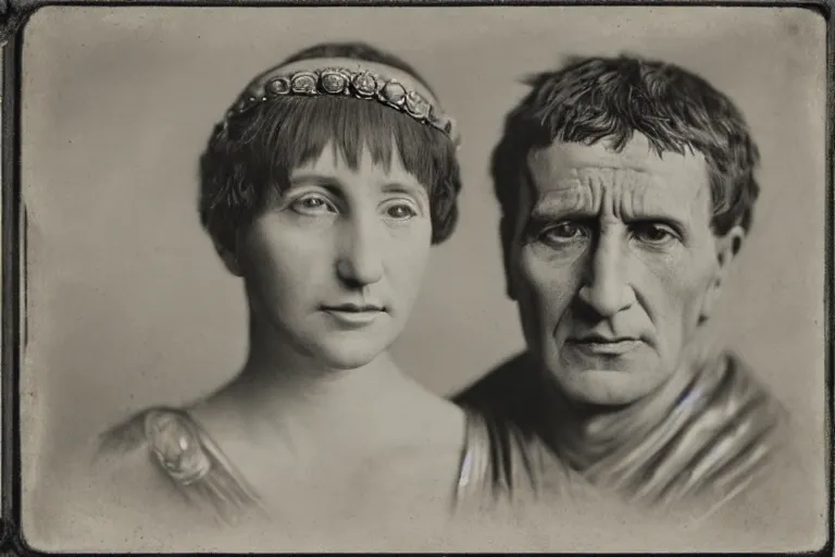 Prompt: a monochrome, glass negative, silver gelatine realistic, supersharp, supersharp, realistic, photographic daguerreotype portrait of julius caesar and cleopatra, shallow depth of field