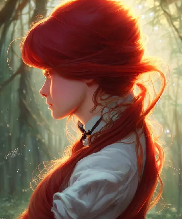 Image similar to side portrait cute female, magic school uniform, fantasy forest landscape, dnd fantasy magic, long red hair, cinematic rim light, intricate, elegant, highly detailed, digital painting, artstation, concept art, smooth, sharp focus, illustration, art by artgerm and greg rutkowski and alphonse mucha