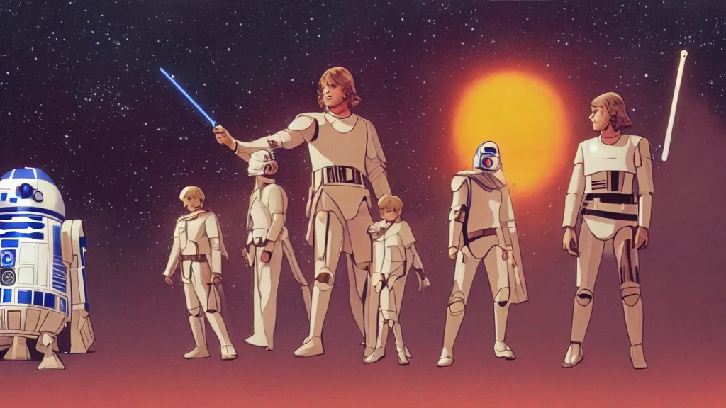 Image similar to film still Luke skywalker obi wan kenobi R2-D2 C-3PO tatooine sunset Star Wars a new hope 1977 studio ghibli animation