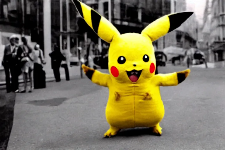 Image similar to Jack Nicholson dressed up in costume of Pikachu, still from the film by Stanley Kubrick