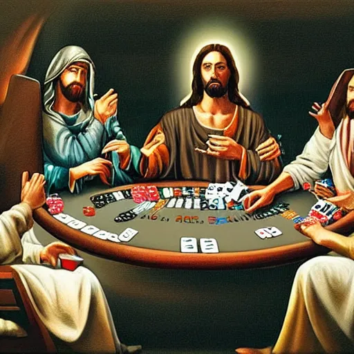 Prompt: nine various interpretations of Jesus playing poker