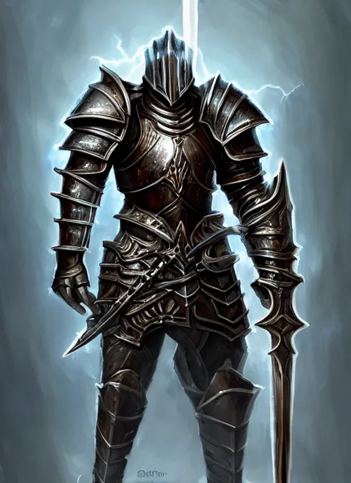 Image similar to portrait of an athletic male knight casting a lightning spell as a diablo 3 character, looking at camera, his armor is infused with lightning bolts, D&D, armor master, short hair, intricate, elegant, stylish, cute smile, fantasy, extremely detailed, digital painting, artstation, concept art, smooth, sharp focus, illustration, ambient lighting, art by artgerm and greg rutkowski and alphonse mucha and simon stalenhag