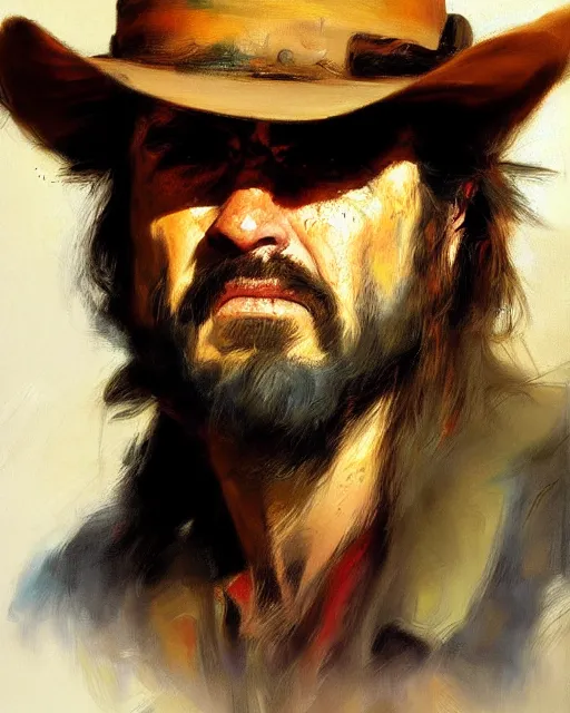 Prompt: portrait of a rugged bandit, western oil painting, thomas moran, artstation