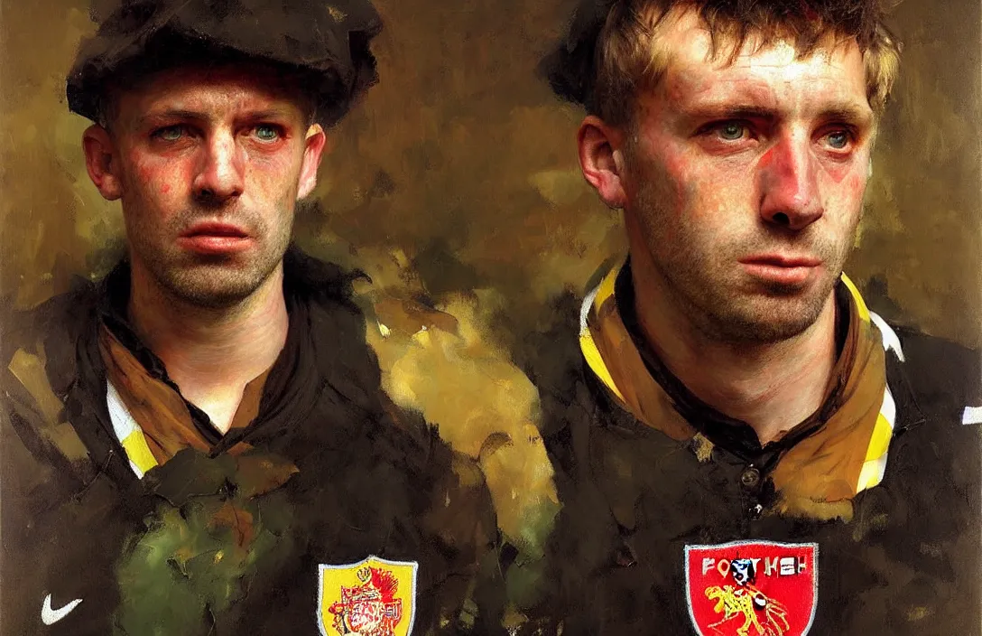Image similar to portrait of an english football fan!!!!!!!!!!!!!!!!!!!!!!!!!!!, detailed face, detailed painting, epic lighting, by ilya repin, phil hale and kent williams