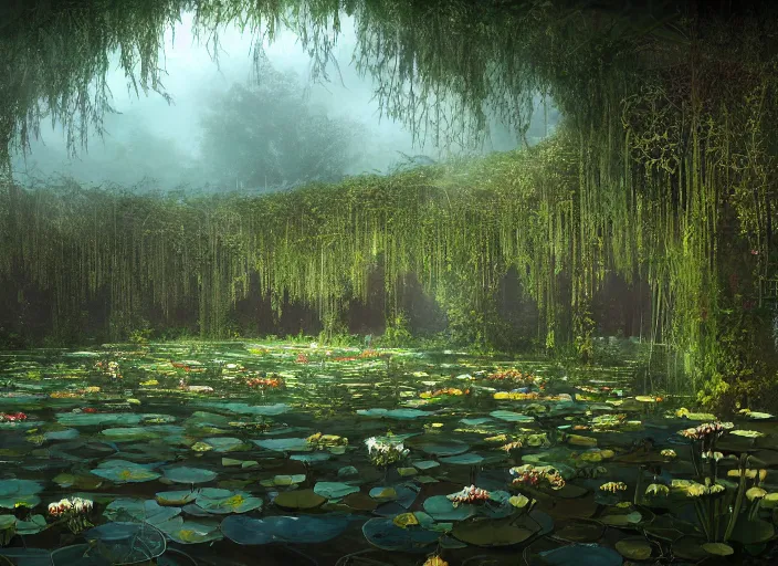 Prompt: A flooded ballroom overgrown with aquatic plants, flowers, lily pads, vines, majestic, dramatic lighting, digital art, trending on Artstation