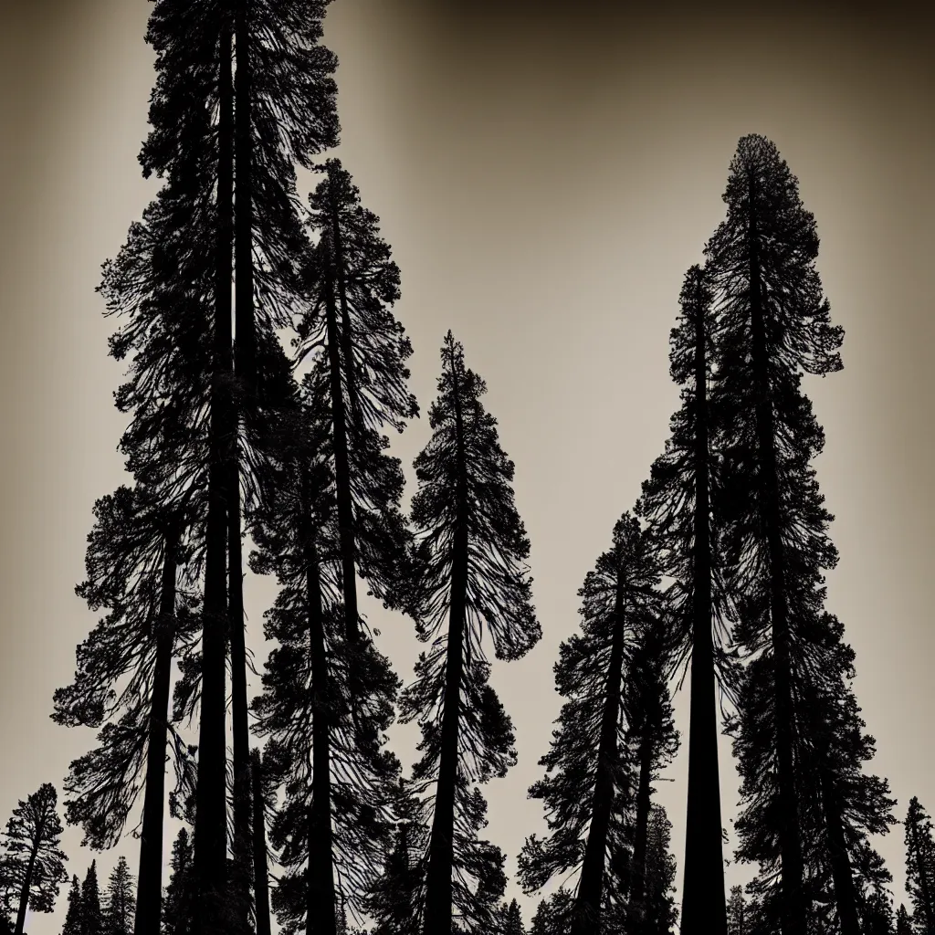 Prompt: giant sequoia by, mads berg, karolis strautniekas, film noir, stippled light, dramatic lighting, editorial illustration, detailed, fine texture, matte print, art deco, brutalism, dark blue + dark orange, red, black, ( ( habitat 6 7 background ) )