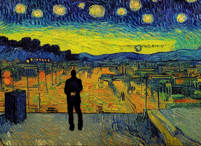 Prompt: painting of the last human on Earth standing watching an alien invasion descend above a city, in the style of Vincent Van Gogh and Edward Hopper