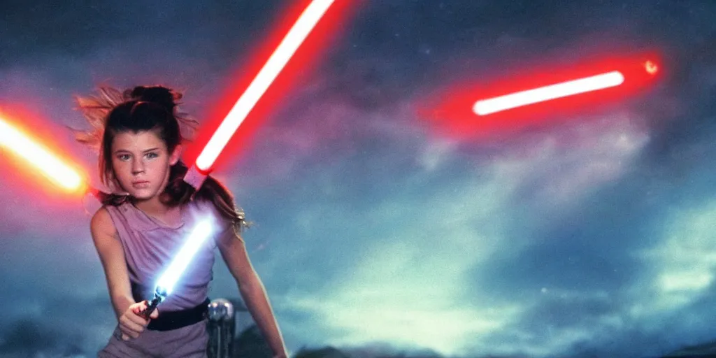 Image similar to a full color still of a teen brunette girl with her hair up holding a lightsaber with a sci-fi battle in the background, cinematic lighting, 1999, directed by Steven Spielberg, 35mm