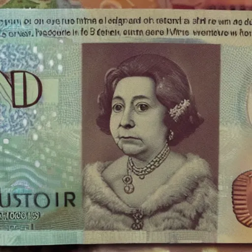 Prompt: a five pound note gbp but the portrait of the queen has been replaced by a happy corgi