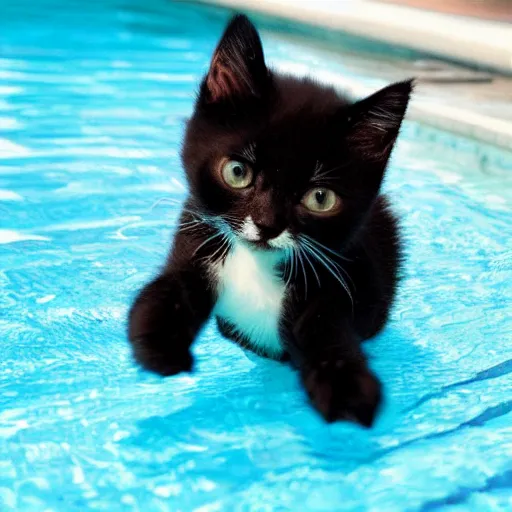 Image similar to ! dream black cute kitten, brown eyes, schwimming in a pool, adorable, 8 k