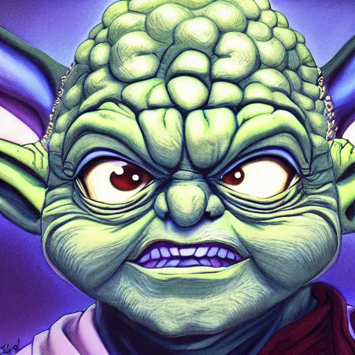 Prompt: portrait painting of yoda, art by akira toriyama, 4 k, dragon ball artstyle, cel shaded, highly detailed, epic lighting