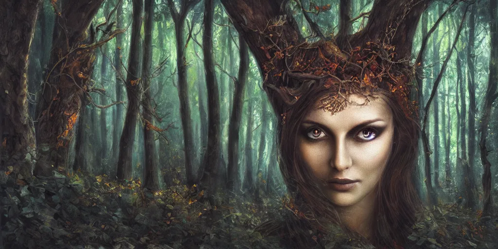 Prompt: Mavka, the mythological spirit of the forest, hiding behind trees in the dark, glowing eyes, oil painting, dramatic lighting, smooth, sharp focus, extremely detailed, exquisite