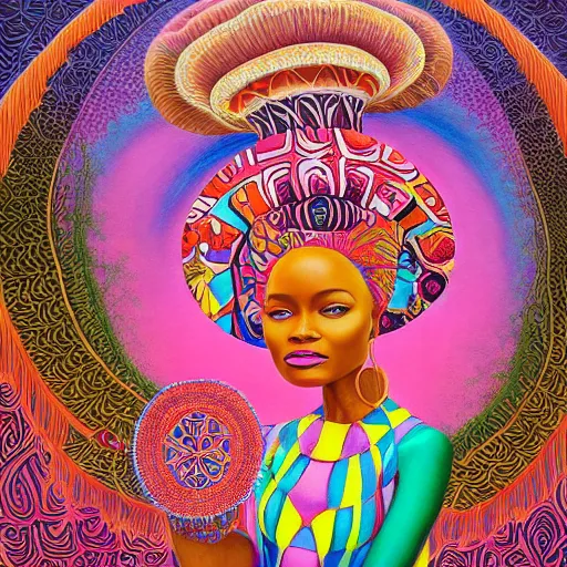 Prompt: a regal and elegant african queen with a colorful afro sitting in a cabana on top of an extremely large steampunk elephant near a pink lake with a large glowing baobab tree, by amanda sage and alex grey in a surreal psychedelic style, oil on canvas 8k, hd