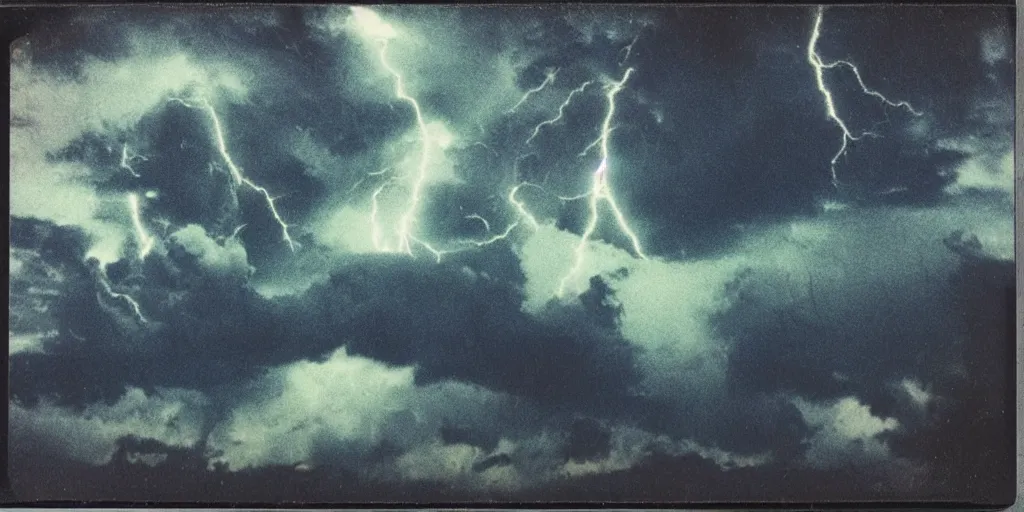 Prompt: analog polaroid of dark thunderclouds, bright lightning