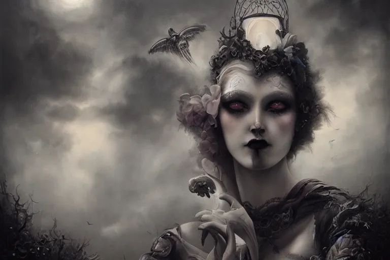 Image similar to By Tom Bagshaw, ultra realist soft painting of curiosities carnival by night, very beautiful horn single female blinking gothic corset , symmetry accurate features, very intricate details, ominous sky, black and white, volumetric light clouds