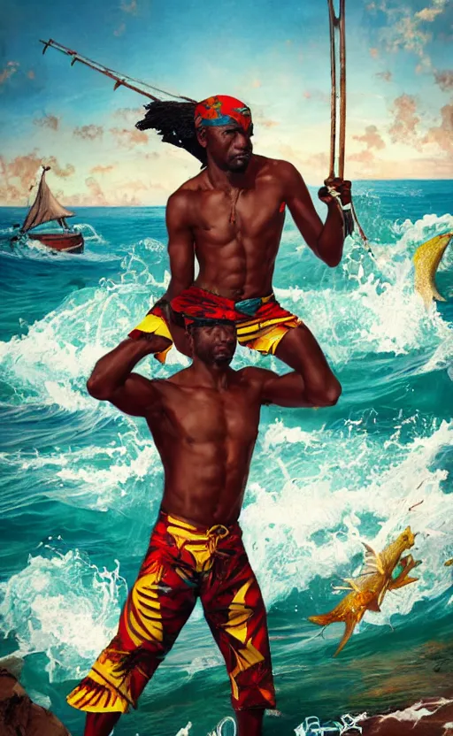 Prompt: Jamaican fisherman wearing calico cloth and posing in a battle stance in the Jamaican sea, style by Ross Tran and Artgerm and Peter Mohrbacher