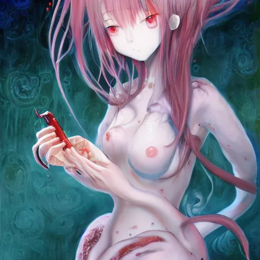 Image similar to big eyed shoggoth anime-girl smoking a cigarette hyperreality painting by amano yoshitaka, lilia alvarado 8k hd hyperdetailed deviantart shoggoth meat slime smoking a cigarette lovecraftian horror shoggoth